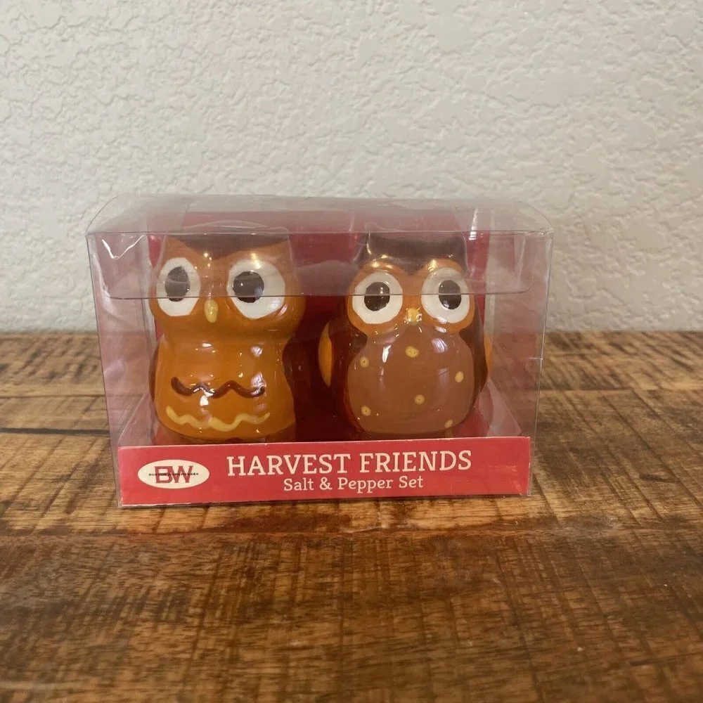 Owl Salt & Pepper Shakers Ceramic by Boston Warehouse Retro Fall Harvest Friends
